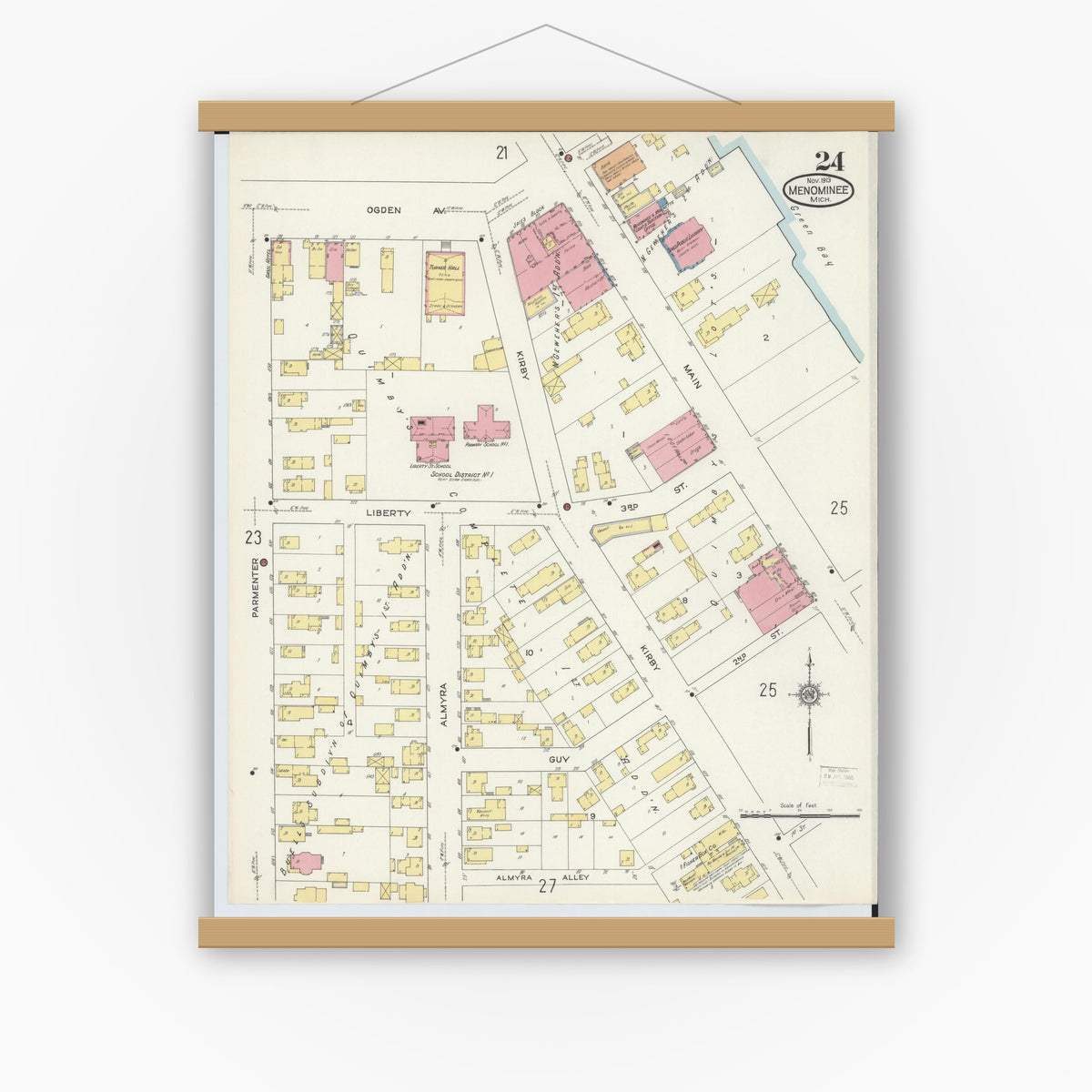 Old map wall art mockup — magnetic wood frame on white wall — Sanborn Fire Insurance Map from Menominee, Menominee County, Michigan (1913), Sheet #0024