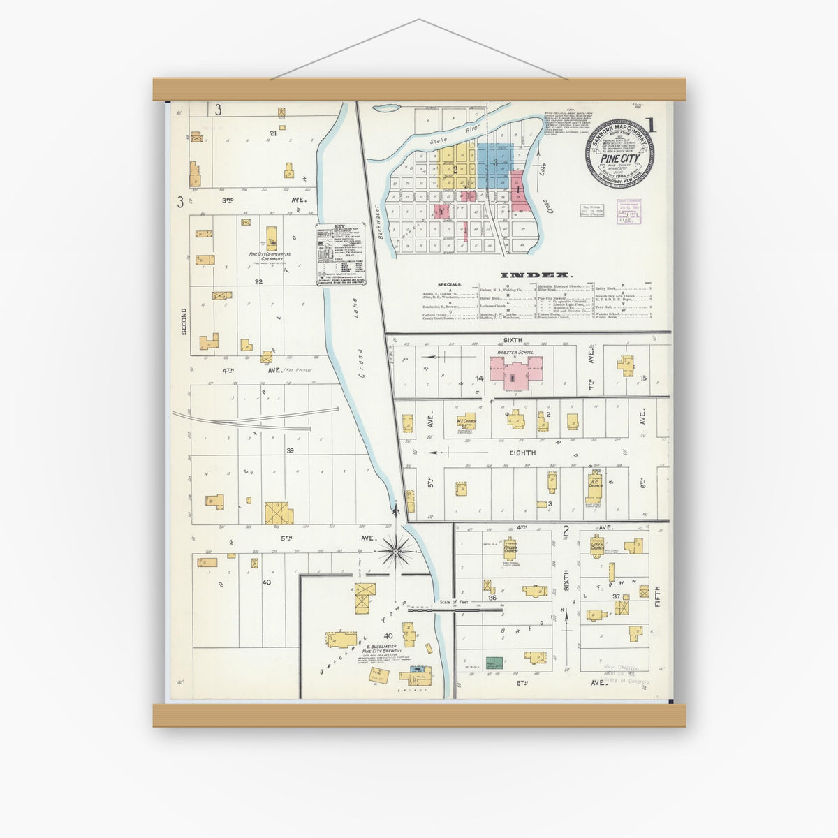 Old map wall art mockup — magnetic wood frame on white wall — Sanborn Fire Insurance Map from Pine City, Pine County, Minnesota (1904), Sheet #0001