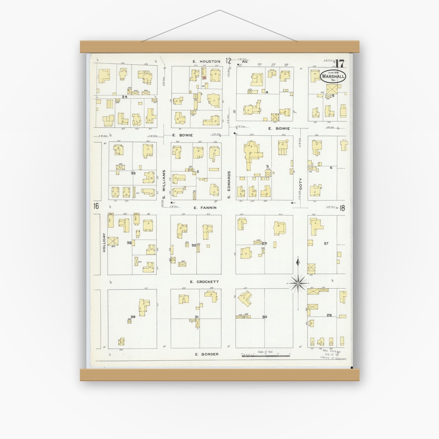 Old map wall art mockup — magnetic wood frame on white wall — Sanborn Fire Insurance Map from Marshall, Harrison County, Texas (1909), Sheet #0017
