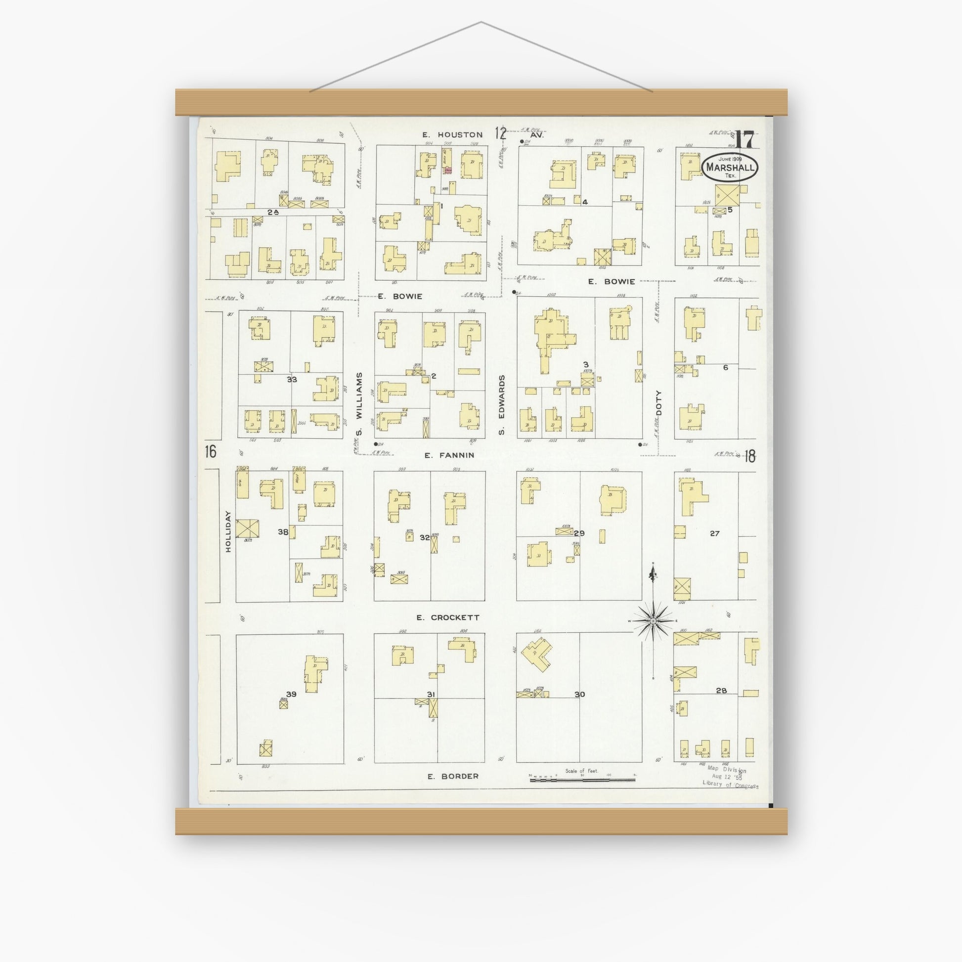 Old map wall art mockup — magnetic wood frame on white wall — Sanborn Fire Insurance Map from Marshall, Harrison County, Texas (1909), Sheet #0017