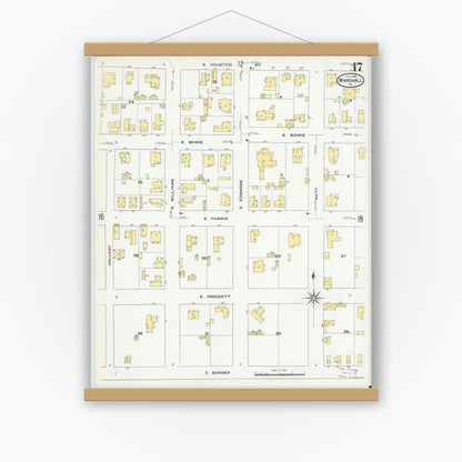Old map wall art mockup — magnetic wood frame on white wall — Sanborn Fire Insurance Map from Marshall, Harrison County, Texas (1909), Sheet #0017