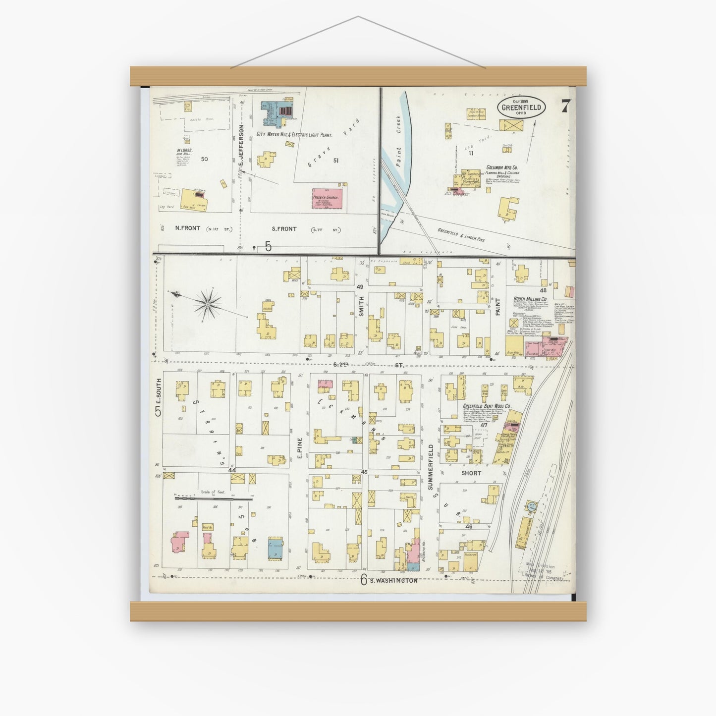 Old map wall art mockup — magnetic wood frame on white wall — Sanborn Fire Insurance Map from Greenfield, Highland County, Ohio (1899), Sheet #0007