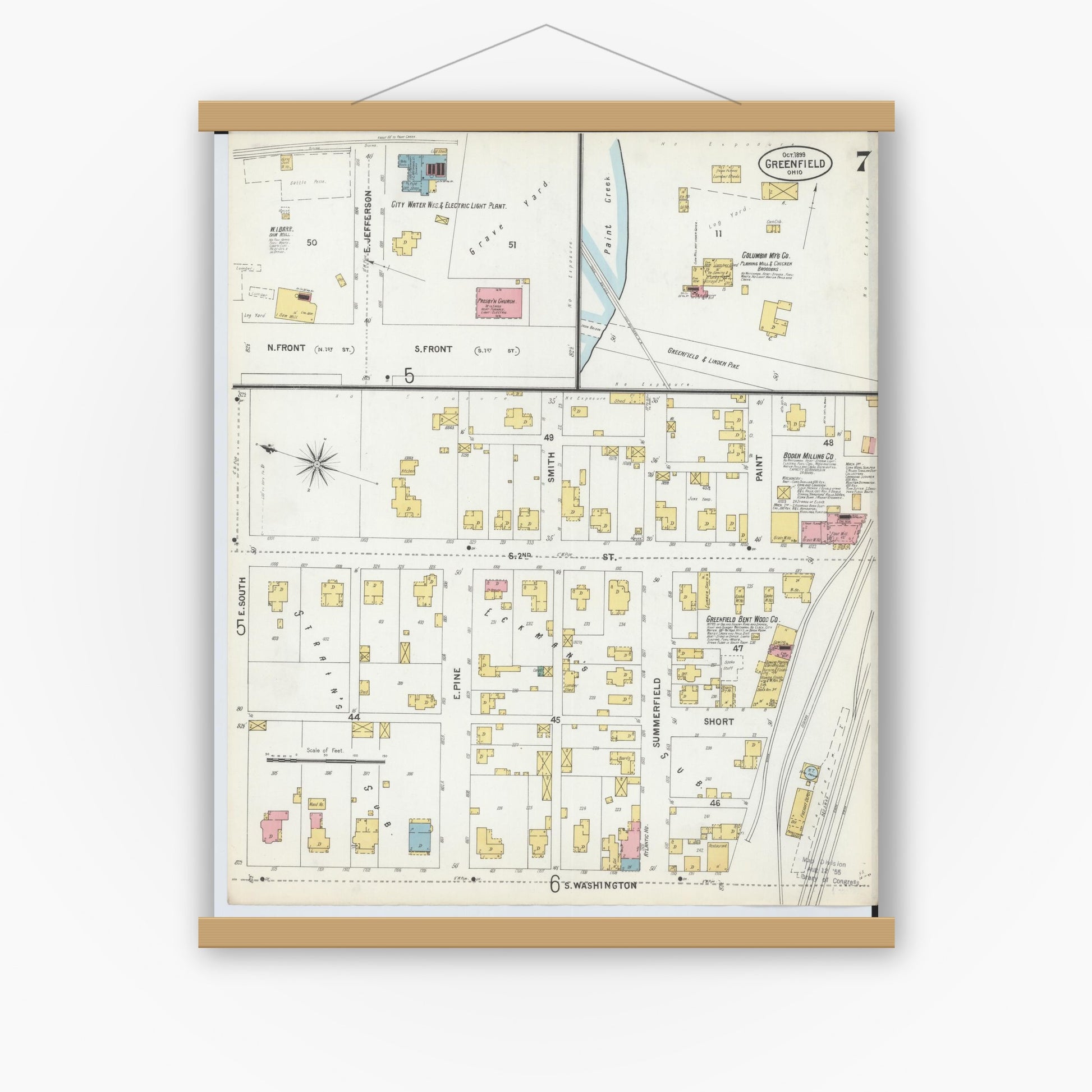 Old map wall art mockup — magnetic wood frame on white wall — Sanborn Fire Insurance Map from Greenfield, Highland County, Ohio (1899), Sheet #0007