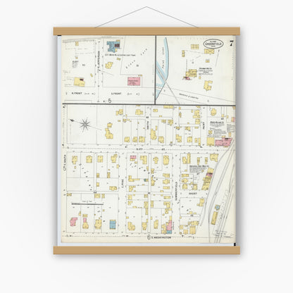 Old map wall art mockup — magnetic wood frame on white wall — Sanborn Fire Insurance Map from Greenfield, Highland County, Ohio (1899), Sheet #0007