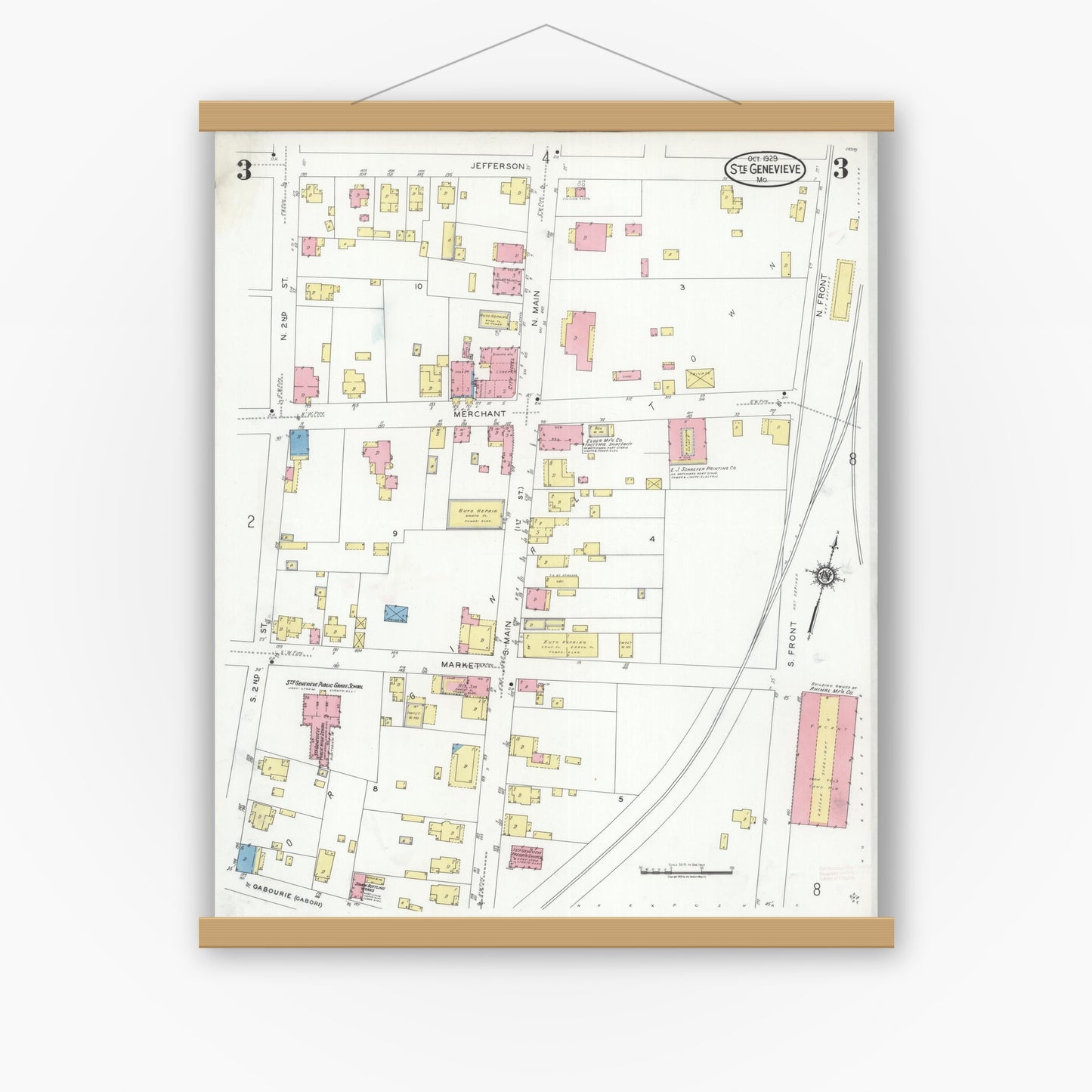 Old map wall art mockup — magnetic wood frame on white wall — Sanborn Fire Insurance Map from Sainte Genevieve, Saint Genevieve County, Missouri (1929), Sheet #0003