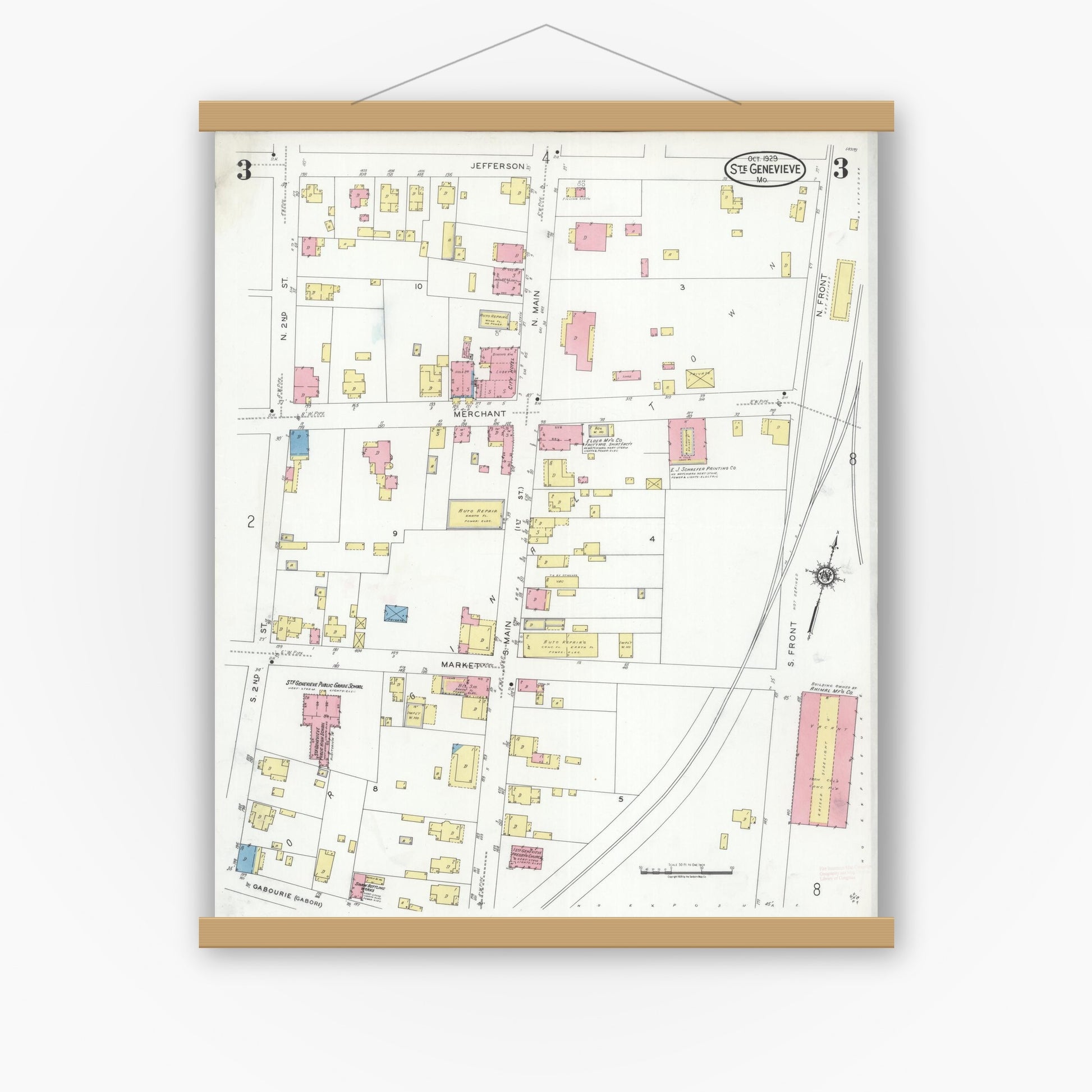 Old map wall art mockup — magnetic wood frame on white wall — Sanborn Fire Insurance Map from Sainte Genevieve, Saint Genevieve County, Missouri (1929), Sheet #0003