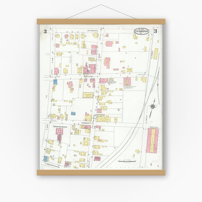 Old map wall art mockup — magnetic wood frame on white wall — Sanborn Fire Insurance Map from Sainte Genevieve, Saint Genevieve County, Missouri (1929), Sheet #0003