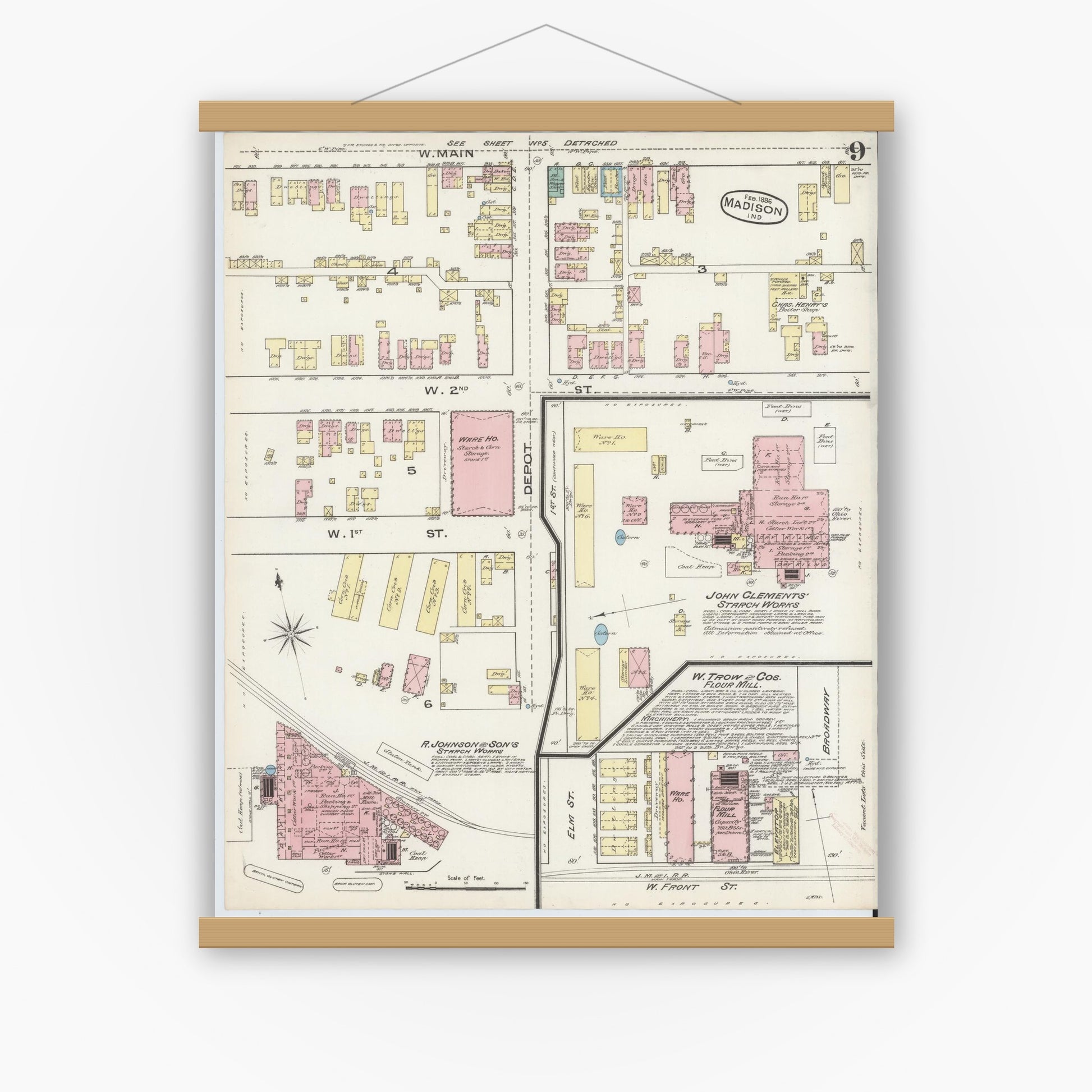 Old map wall art mockup — magnetic wood frame on white wall — Sanborn Fire Insurance Map from Madison, Jefferson County, Indiana (1886), Sheet #0009