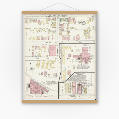 Old map wall art mockup — magnetic wood frame on white wall — Sanborn Fire Insurance Map from Madison, Jefferson County, Indiana (1886), Sheet #0009