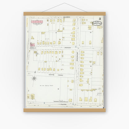 Old map wall art mockup — magnetic wood frame on white wall — Sanborn Fire Insurance Map from Hempstead, Nassau County, New York (1892), Sheet #0003
