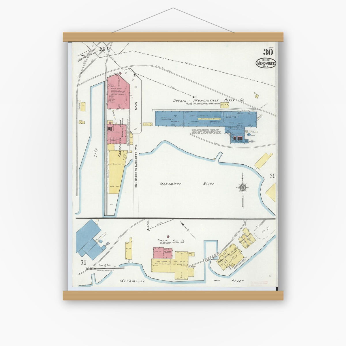 Old map wall art mockup — magnetic wood frame on white wall — Sanborn Fire Insurance Map from Menominee, Menominee County, Michigan (1921), Sheet #0030