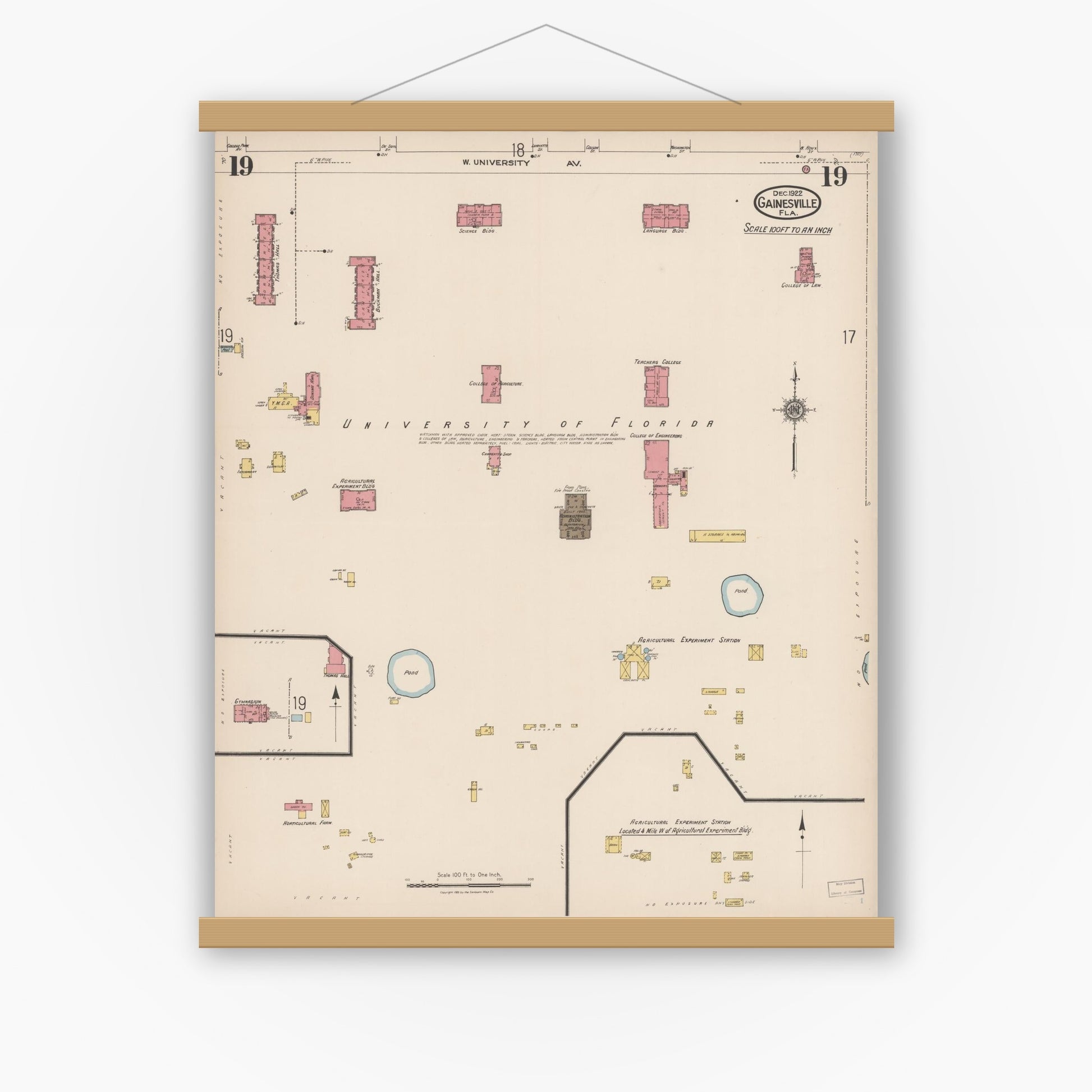 Old map wall art mockup — magnetic wood frame on white wall — Sanborn Fire Insurance Map from Gainesville, Alachua County, Florida (1922), Sheet #0019