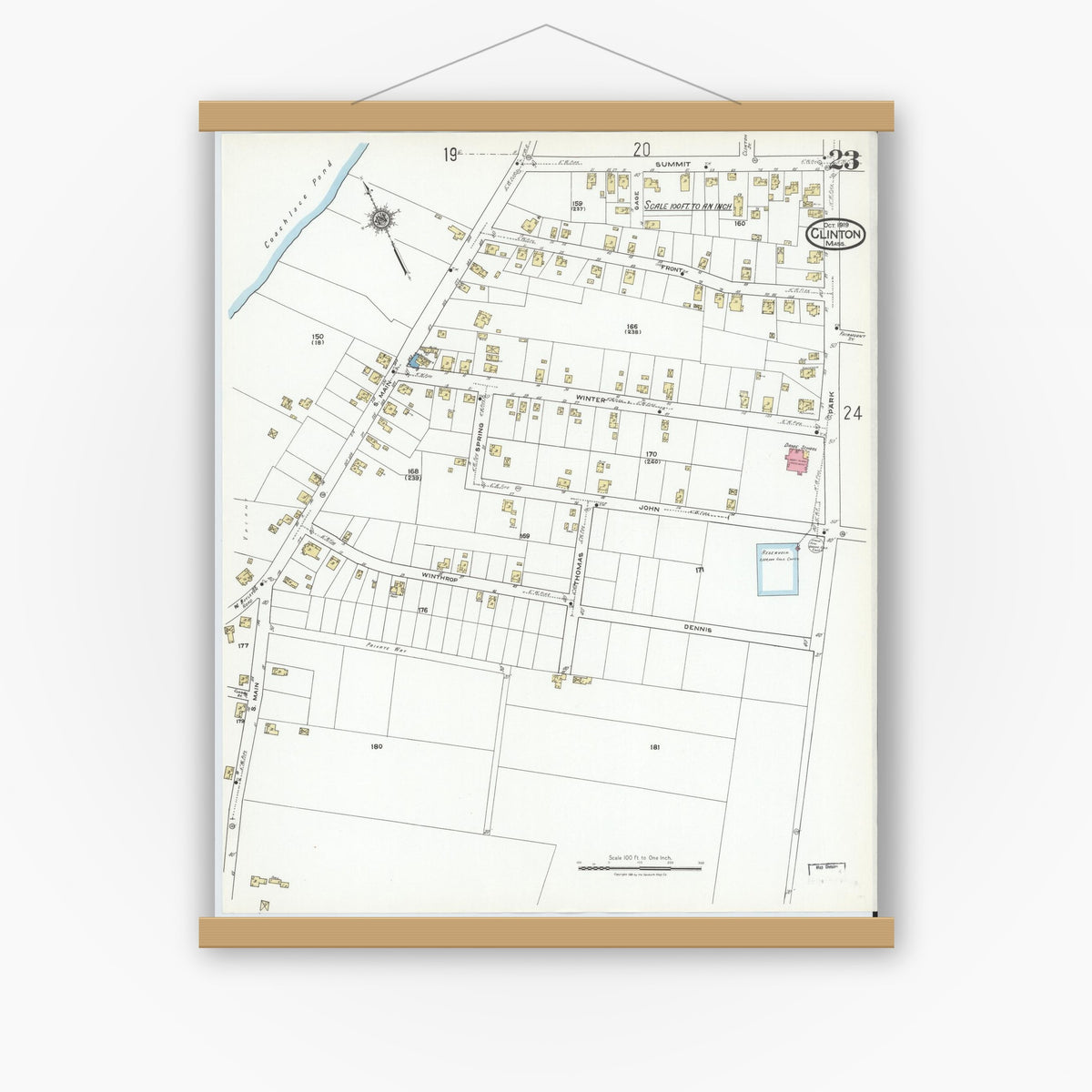 Old map wall art mockup — magnetic wood frame on white wall — Sanborn Fire Insurance Map from Clinton, Worcester County, Massachusetts (1919), Sheet #0023