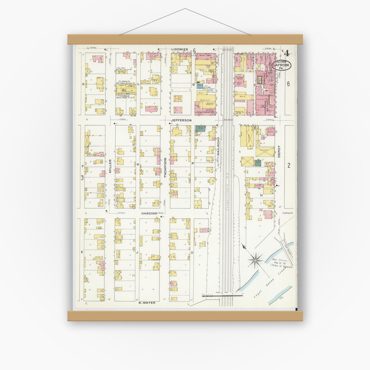 Old map wall art mockup — magnetic wood frame on white wall — Sanborn Fire Insurance Map from Latrobe, Westmoreland County, Pennsylvania (1909), Sheet #0004