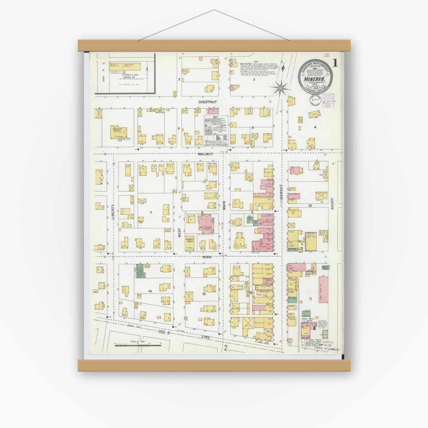 Old map wall art mockup — magnetic wood frame on white wall — Sanborn Fire Insurance Map from Minerva, Stark And Carroll Counties, Ohio (1902), Sheet #0001