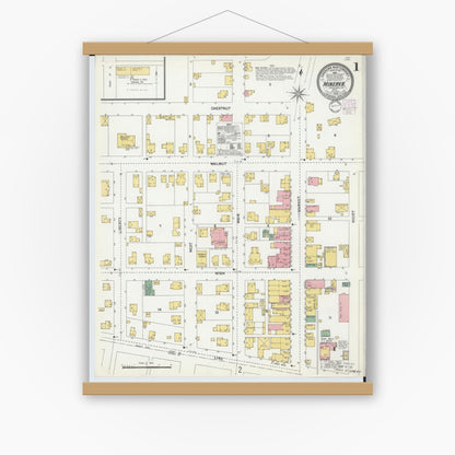 Old map wall art mockup — magnetic wood frame on white wall — Sanborn Fire Insurance Map from Minerva, Stark And Carroll Counties, Ohio (1902), Sheet #0001