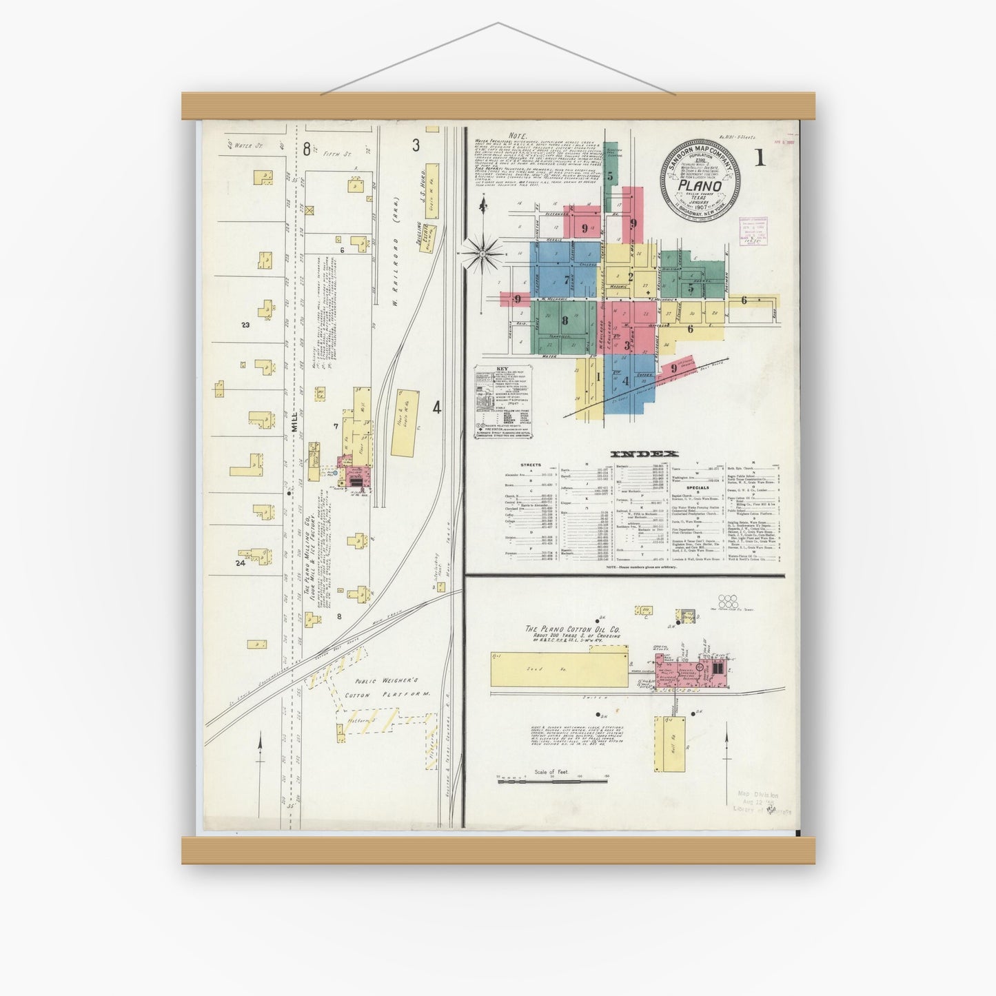 Old map wall art mockup — magnetic wood frame on white wall — Sanborn Fire Insurance Map from Plano, Collin County, Texas (1907), Sheet #0001
