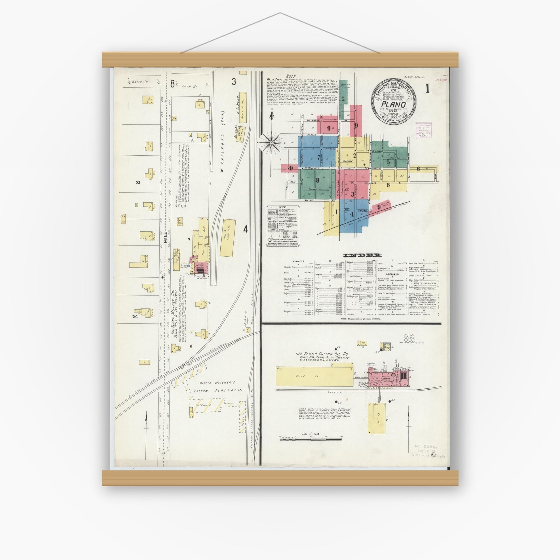 Old map wall art mockup — magnetic wood frame on white wall — Sanborn Fire Insurance Map from Plano, Collin County, Texas (1907), Sheet #0001