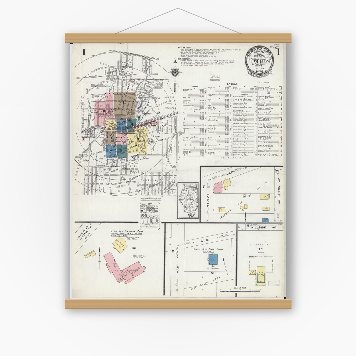 Old map wall art mockup — magnetic wood frame on white wall — Sanborn Fire Insurance Map from Glen Ellyn, Du Page County, Illinois (1924), Sheet #0001