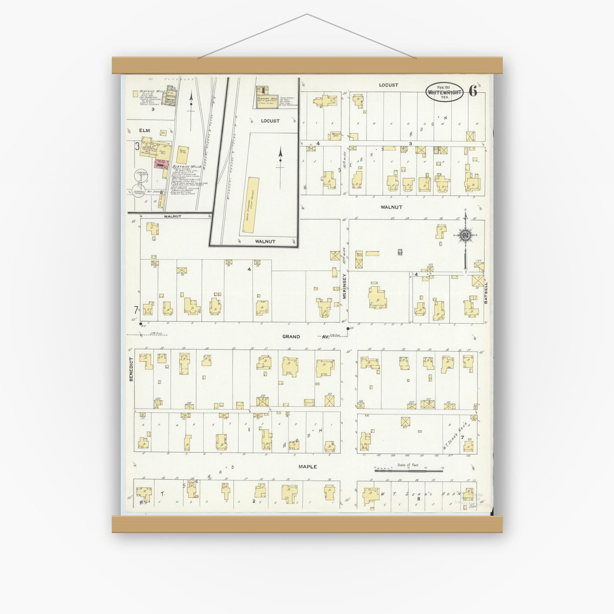 Old map wall art mockup — magnetic wood frame on white wall — Sanborn Fire Insurance Map from Whitewright, Grayson County, Texas (1911), Sheet #0006