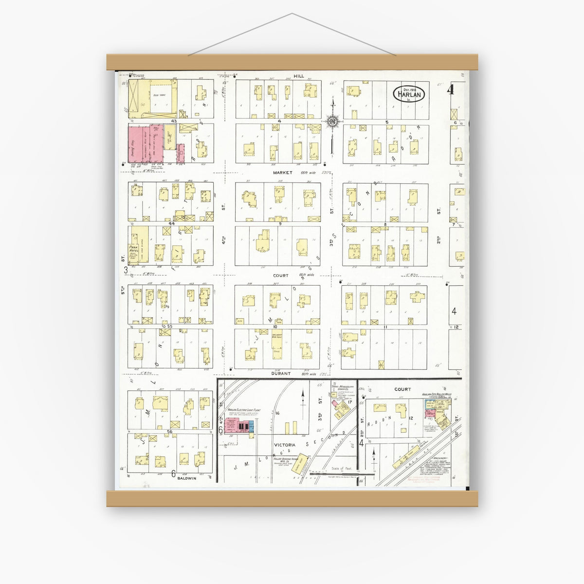 Old map wall art mockup — magnetic wood frame on white wall — Sanborn Fire Insurance Map from Harlan, Shelby County, Iowa (1918), Sheet #0004