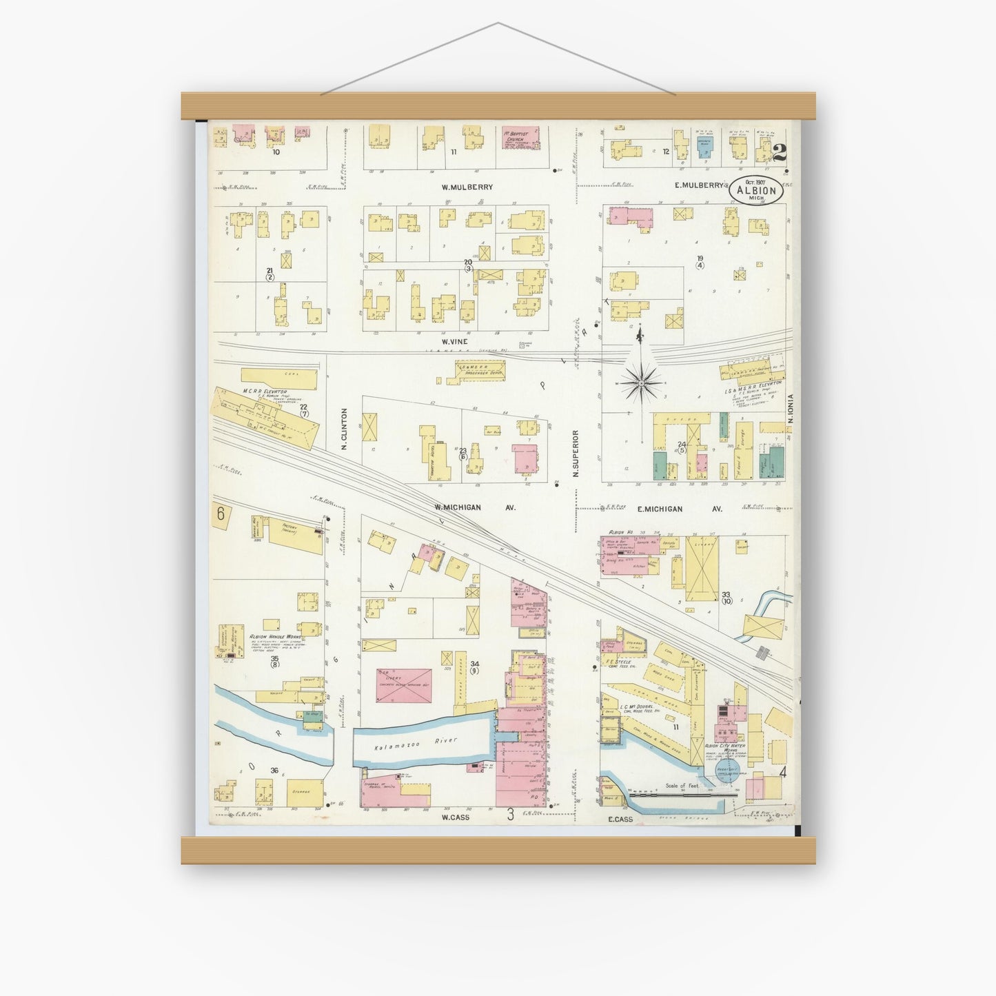 Old map wall art mockup — magnetic wood frame on white wall — Sanborn Fire Insurance Map from Albion, Calhoun County, Michigan (1907), Sheet #0002