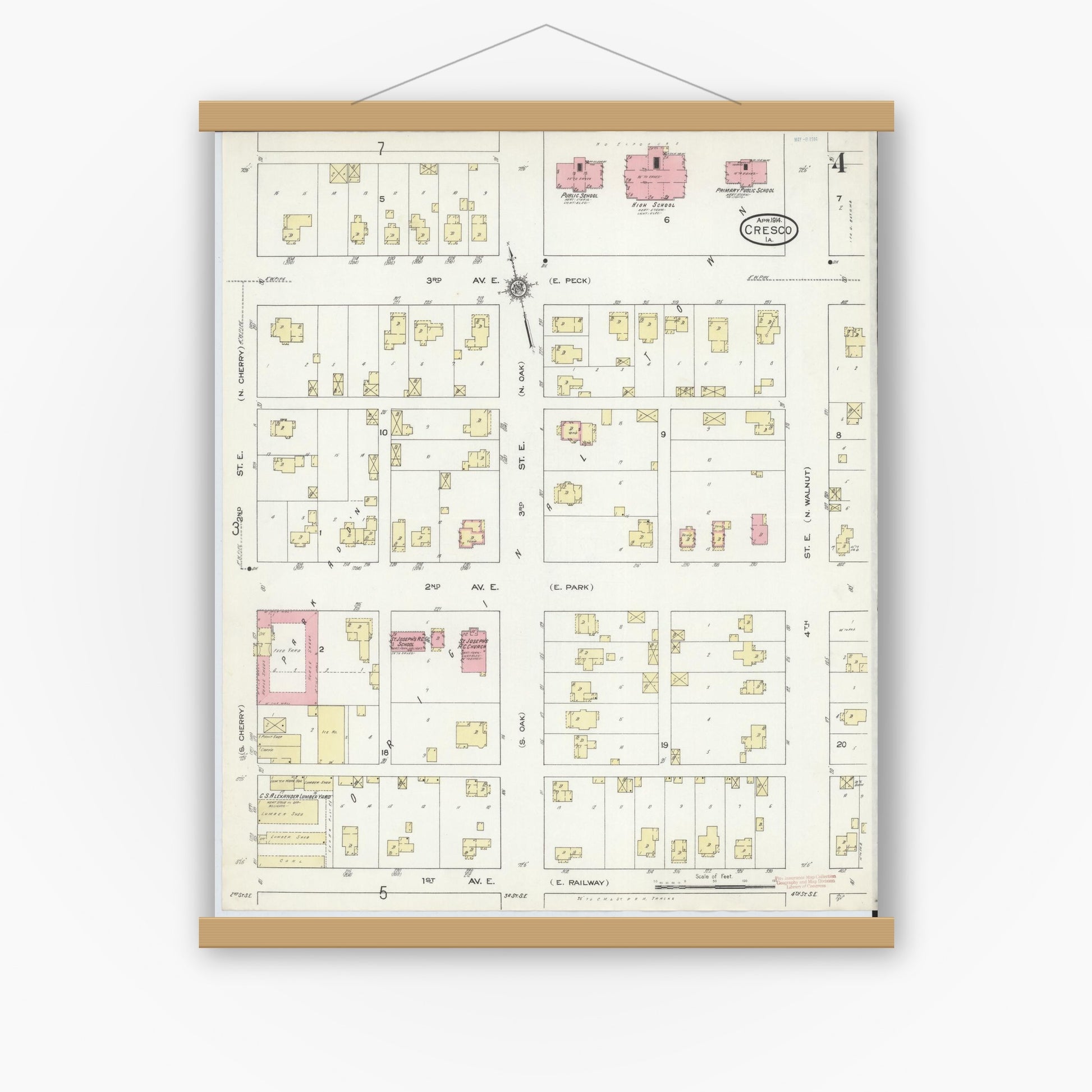 Old map wall art mockup — magnetic wood frame on white wall — Sanborn Fire Insurance Map from Cresco, Howard County, Iowa (1914), Sheet #0004