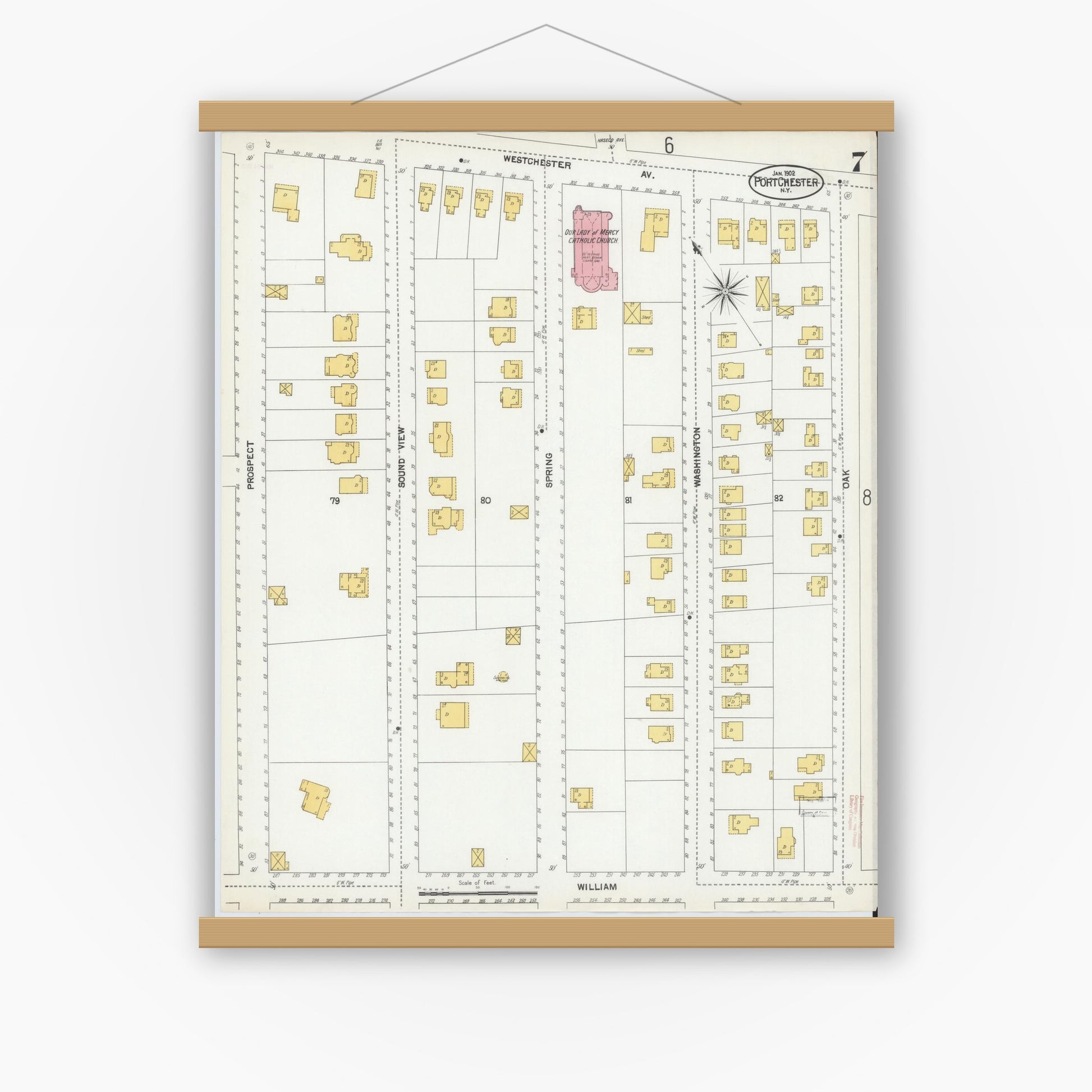Old map wall art mockup — magnetic wood frame on white wall — Sanborn Fire Insurance Map from Port Chester, Westchester County, New York (1902), Sheet #0007