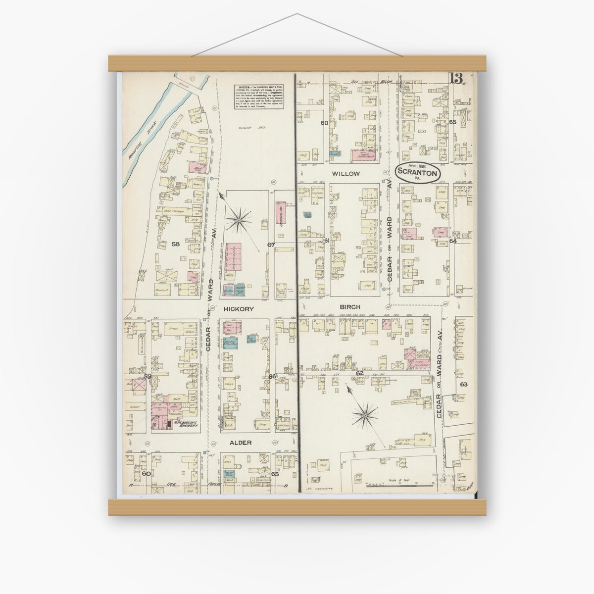 Old map wall art mockup — magnetic wood frame on white wall — Sanborn Fire Insurance Map from Scranton, Lackawanna County, Pennsylvania (1884), Sheet #0013