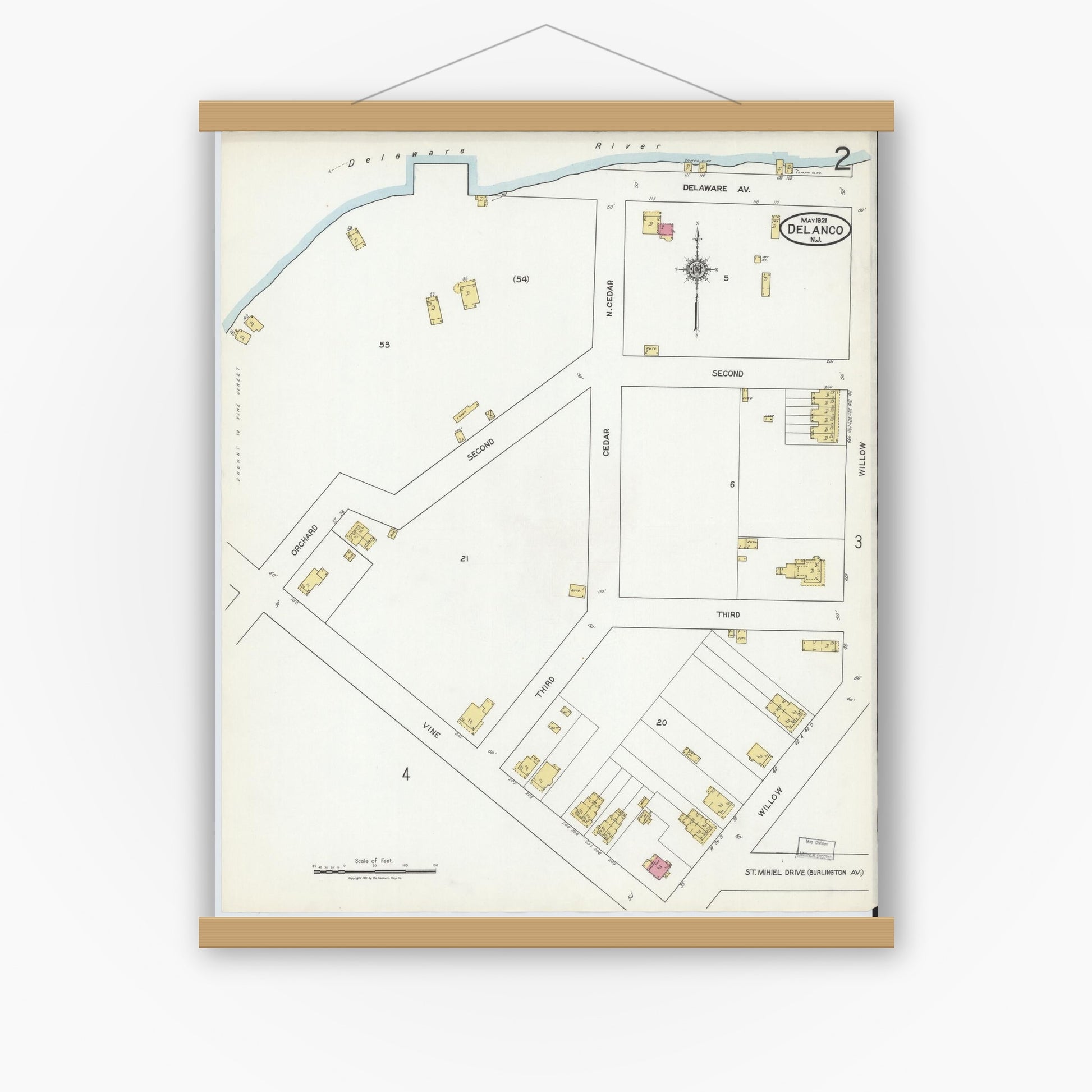 Old map wall art mockup — magnetic wood frame on white wall — Sanborn Fire Insurance Map from Delanco, Burlington County, New Jersey (1921), Sheet #0002