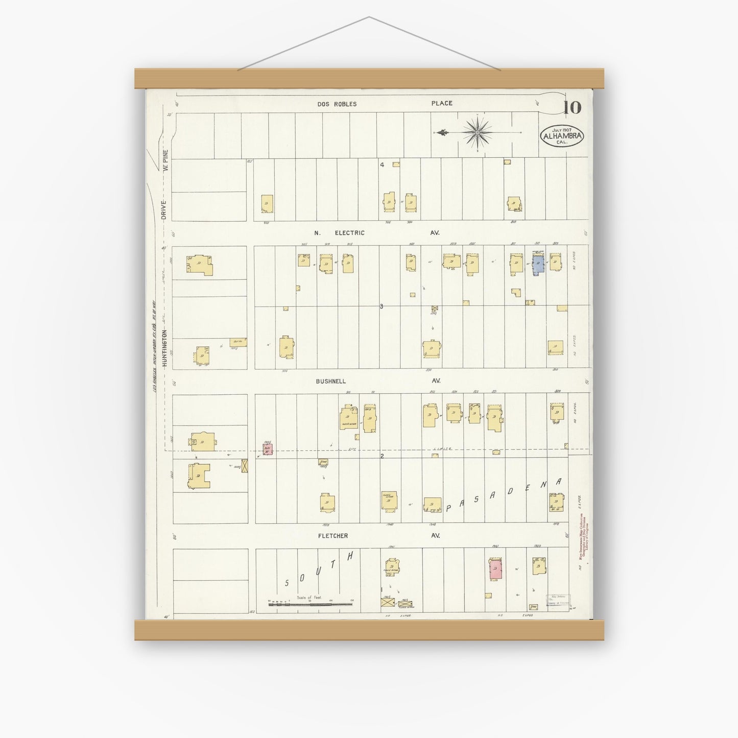 Old map wall art mockup — magnetic wood frame on white wall — Sanborn Fire Insurance Map from Alhambra, Los Angeles County, California (1907), Sheet #0010