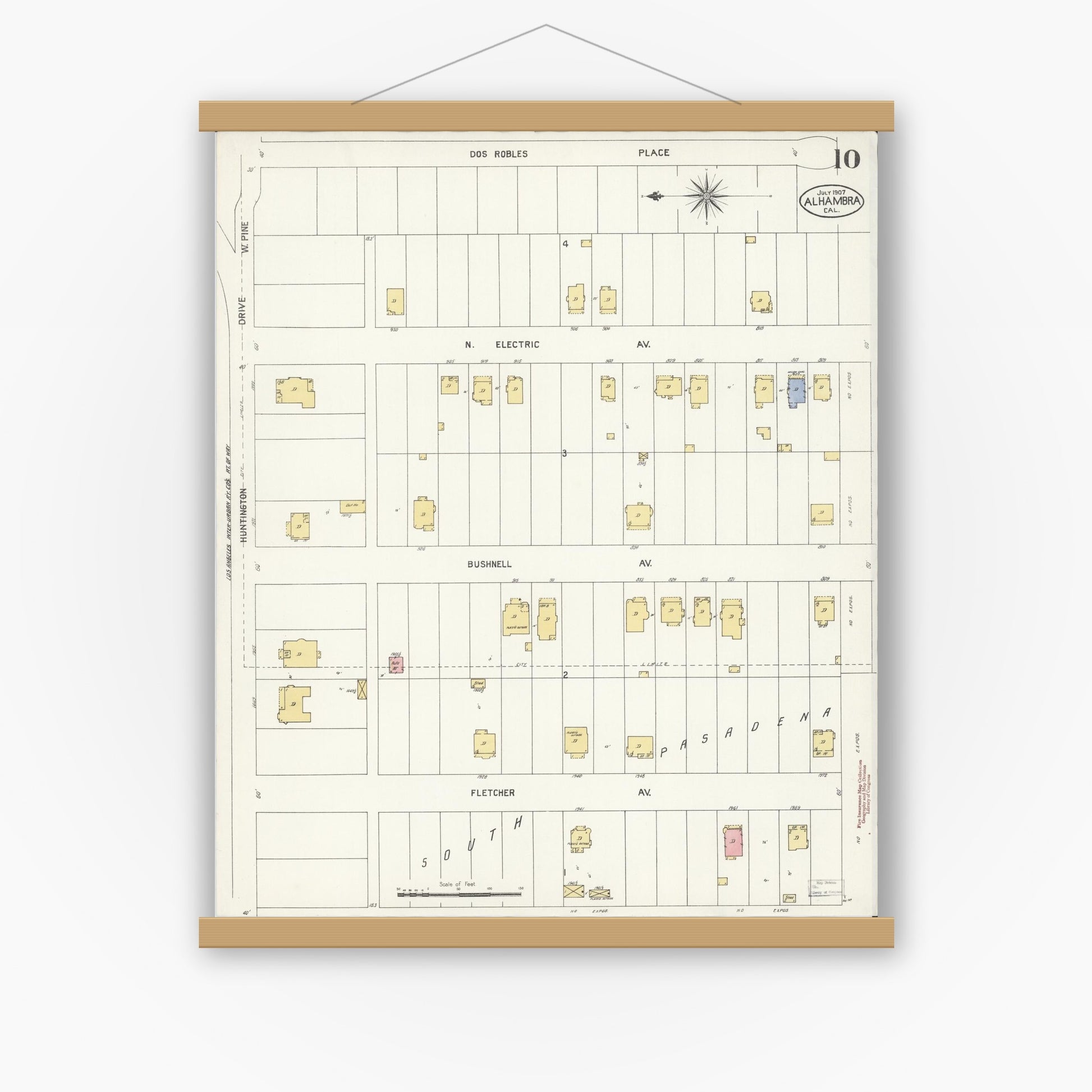 Old map wall art mockup — magnetic wood frame on white wall — Sanborn Fire Insurance Map from Alhambra, Los Angeles County, California (1907), Sheet #0010