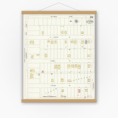 Old map wall art mockup — magnetic wood frame on white wall — Sanborn Fire Insurance Map from Alhambra, Los Angeles County, California (1907), Sheet #0010
