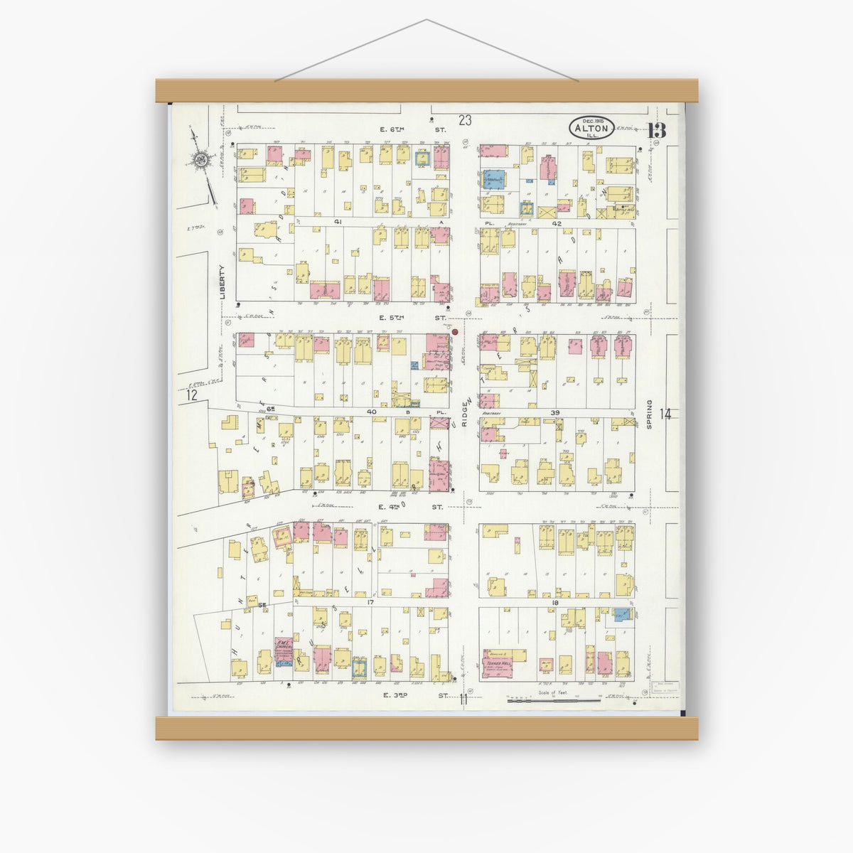 Old map wall art mockup — magnetic wood frame on white wall — Sanborn Fire Insurance Map from Alton, Madison County, Illinois (1915), Sheet #0013