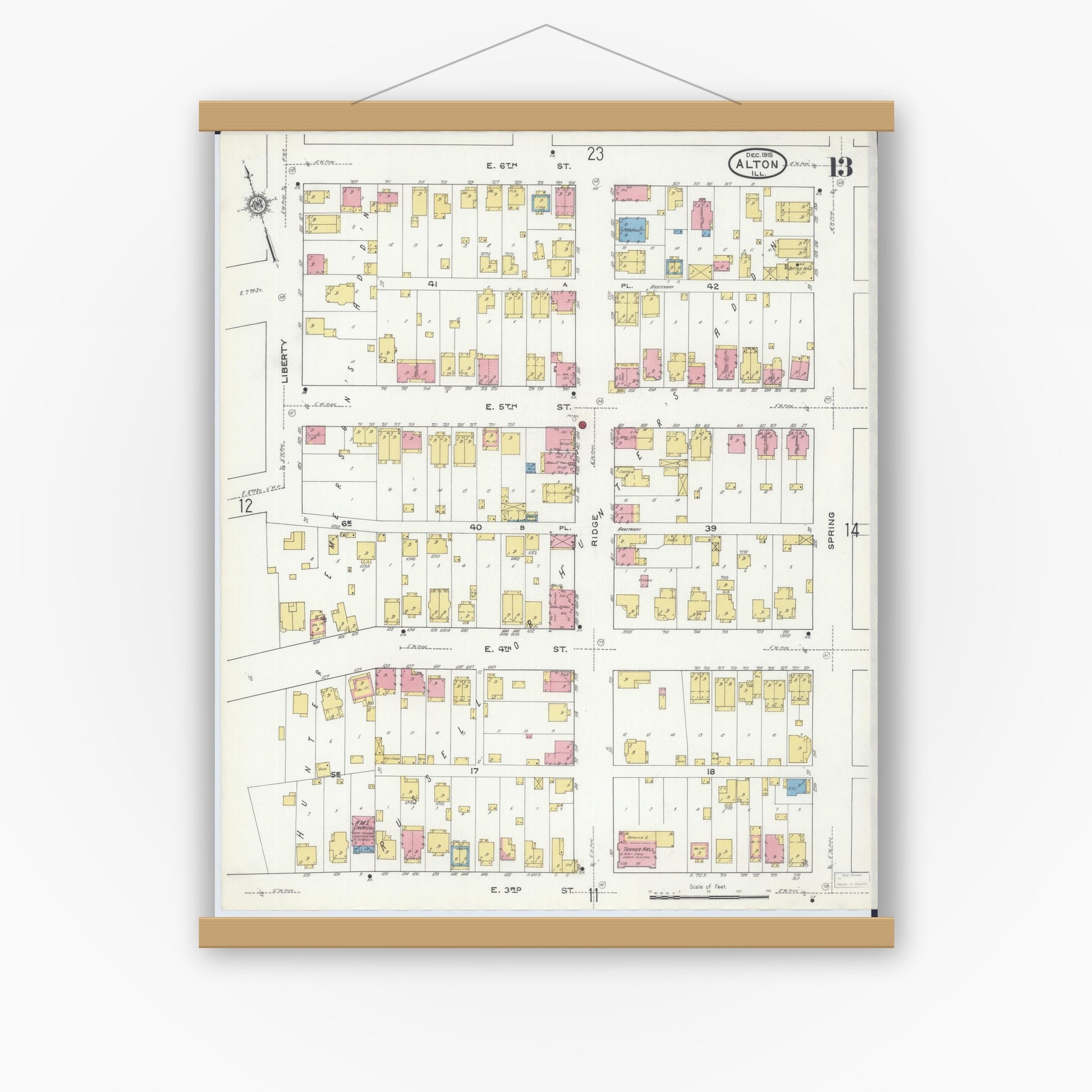 Old map wall art mockup — magnetic wood frame on white wall — Sanborn Fire Insurance Map from Alton, Madison County, Illinois (1915), Sheet #0013