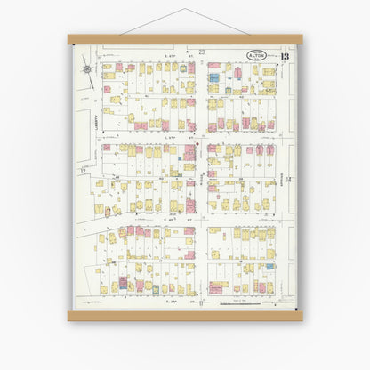 Old map wall art mockup — magnetic wood frame on white wall — Sanborn Fire Insurance Map from Alton, Madison County, Illinois (1915), Sheet #0013