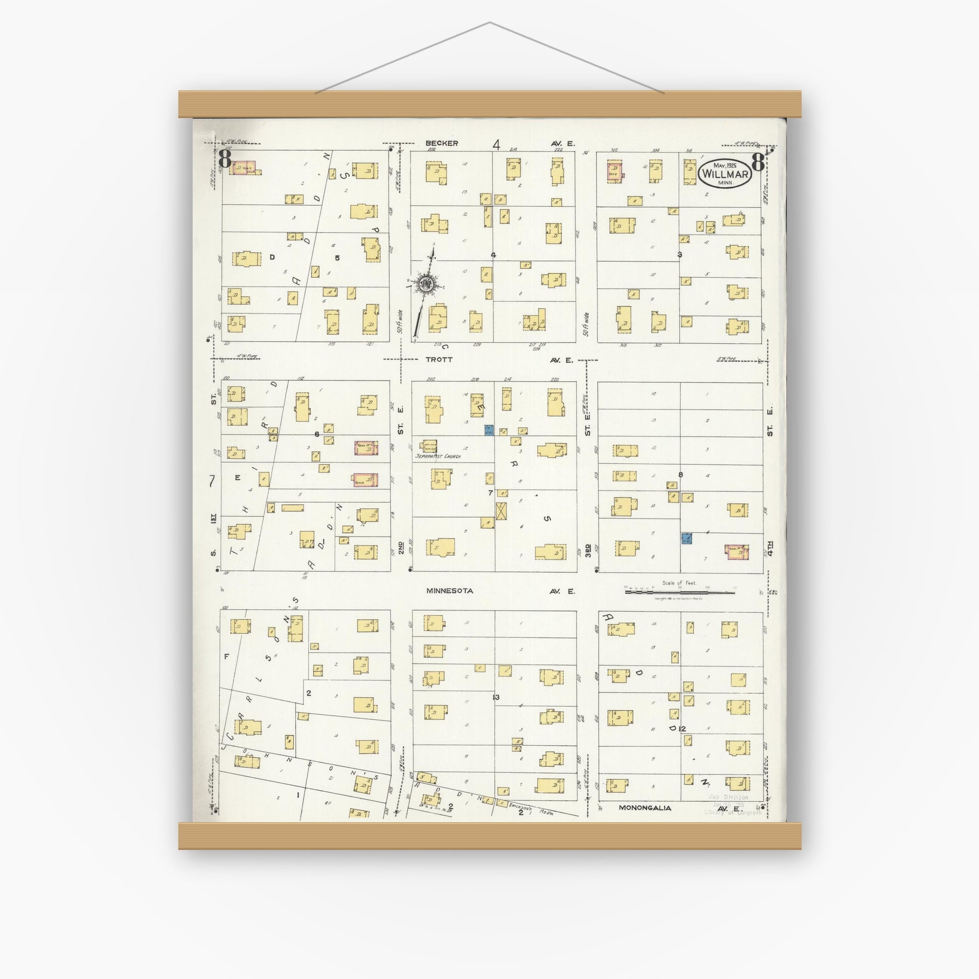 Old map wall art mockup — magnetic wood frame on white wall — Sanborn Fire Insurance Map from Willmar, Kandiyohi County, Minnesota (1925), Sheet #0008