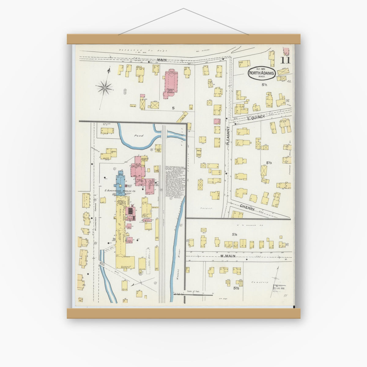Old map wall art mockup — magnetic wood frame on white wall — Sanborn Fire Insurance Map from North Adams, Berkshire County, Massachusetts (1892), Sheet #0011