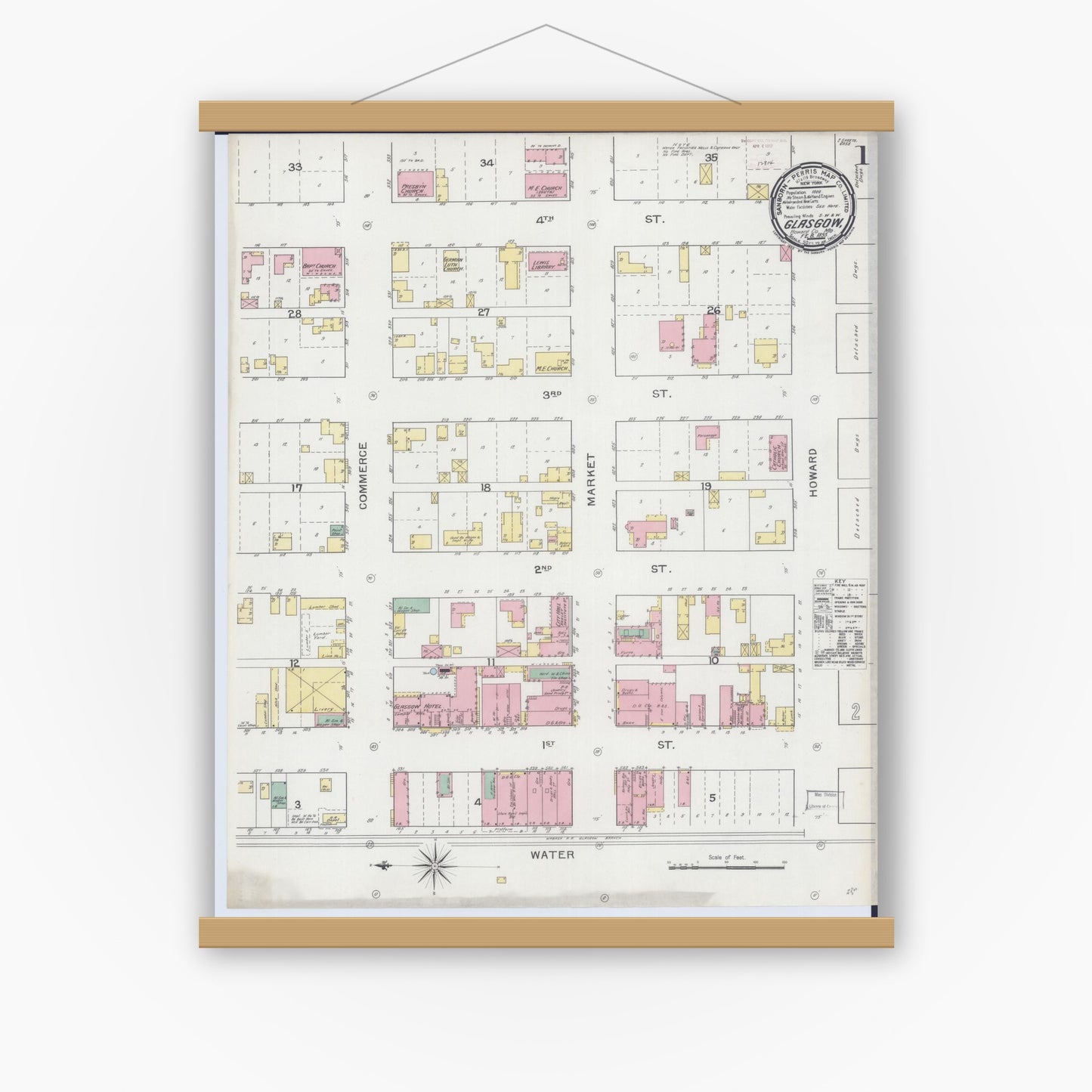 Old map wall art mockup — magnetic wood frame on white wall — Sanborn Fire Insurance Map from Glasgow, Howard County, Missouri (1893) - Complete Map Set