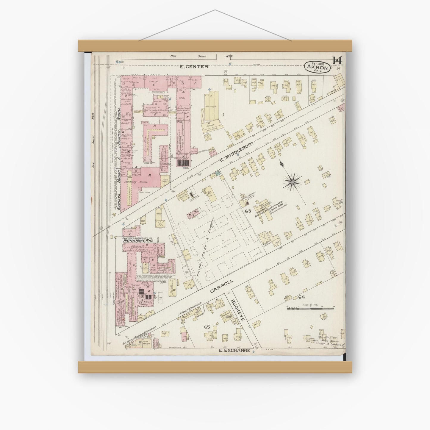 Old map wall art mockup — magnetic wood frame on white wall — Sanborn Fire Insurance Map from Akron, Summit County, Ohio (1886), Sheet #0014