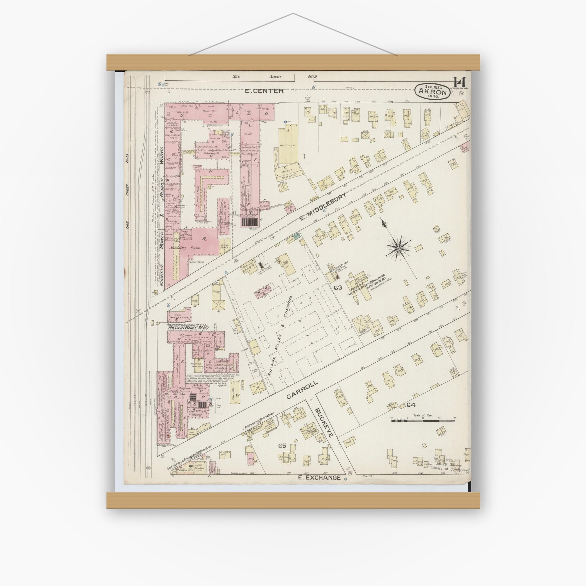 Old map wall art mockup — magnetic wood frame on white wall — Sanborn Fire Insurance Map from Akron, Summit County, Ohio (1886), Sheet #0014