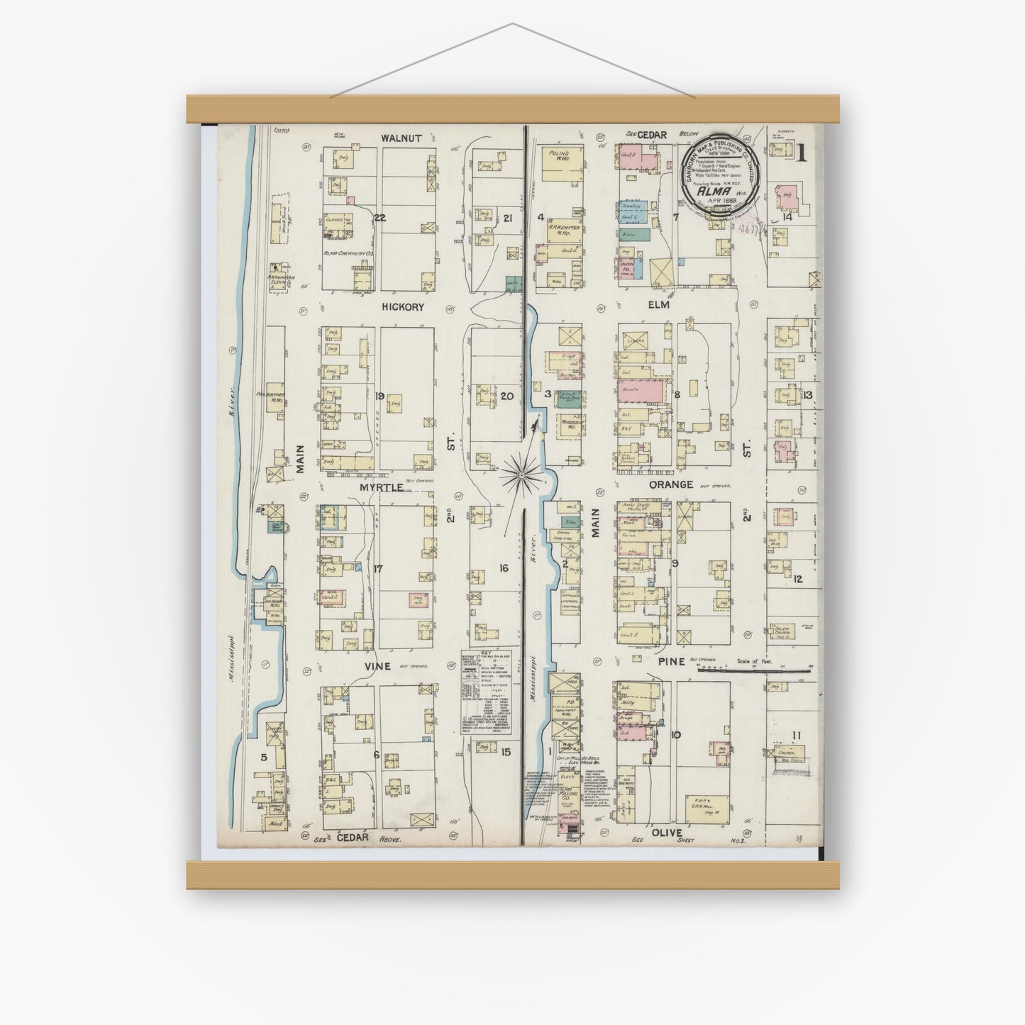 Old map wall art mockup — magnetic wood frame on white wall — Sanborn Fire Insurance Map from Alma, Buffalo County, Wisconsin (1889), Sheet #0001