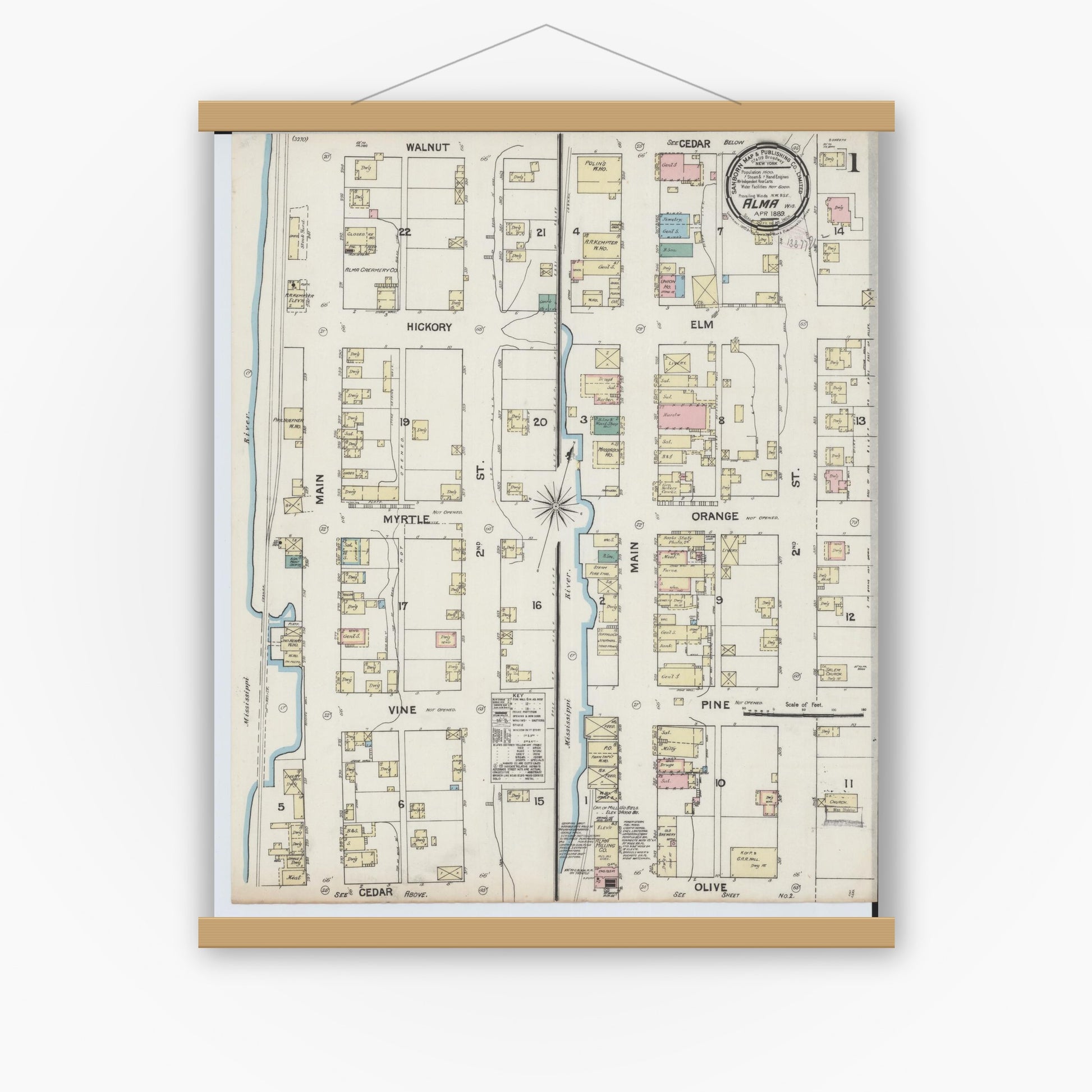 Old map wall art mockup — magnetic wood frame on white wall — Sanborn Fire Insurance Map from Alma, Buffalo County, Wisconsin (1889), Sheet #0001