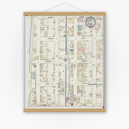 Old map wall art mockup — magnetic wood frame on white wall — Sanborn Fire Insurance Map from Alma, Buffalo County, Wisconsin (1889), Sheet #0001