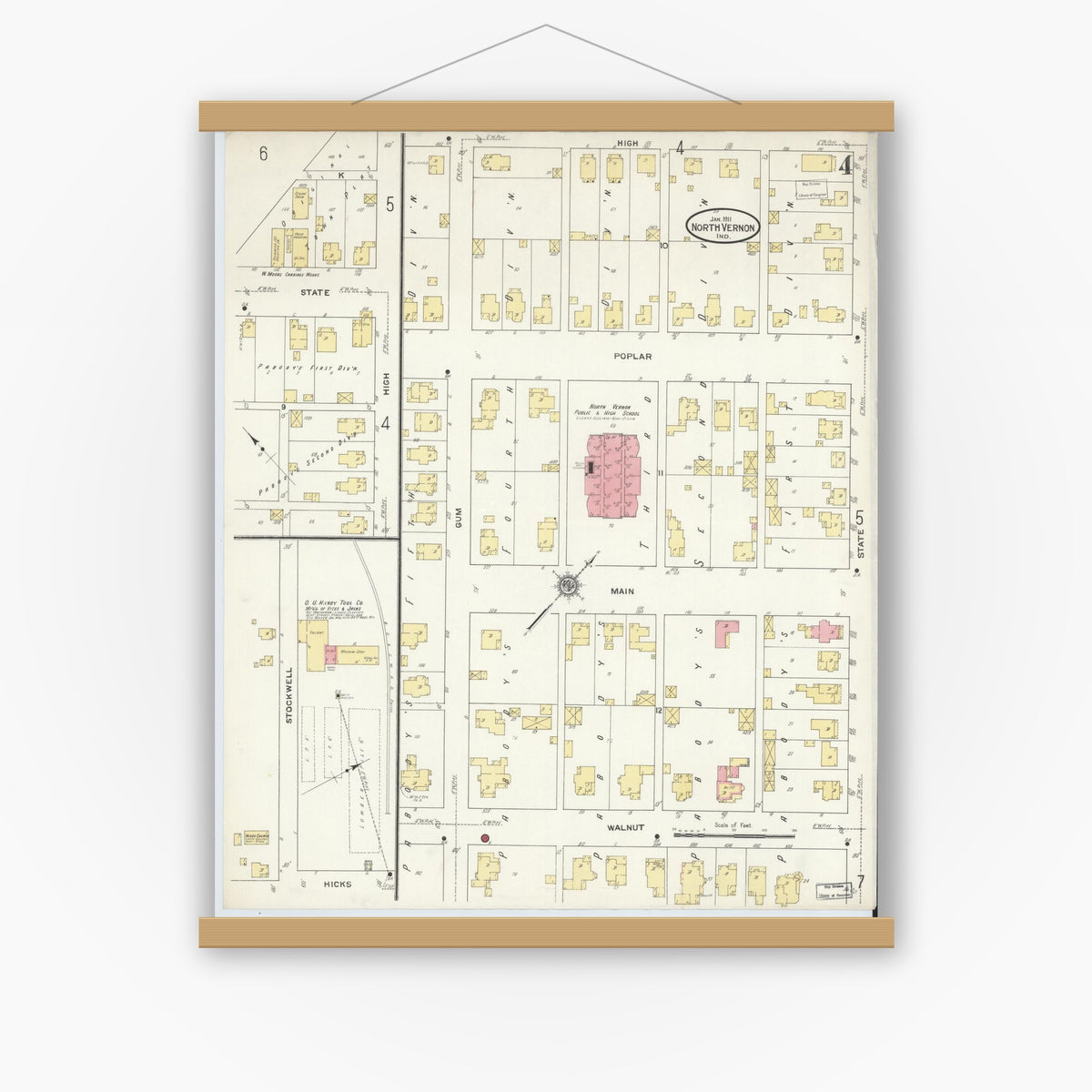 Old map wall art mockup — magnetic wood frame on white wall — Sanborn Fire Insurance Map from North Vernon, Jennings County, Indiana (1911), Sheet #0004