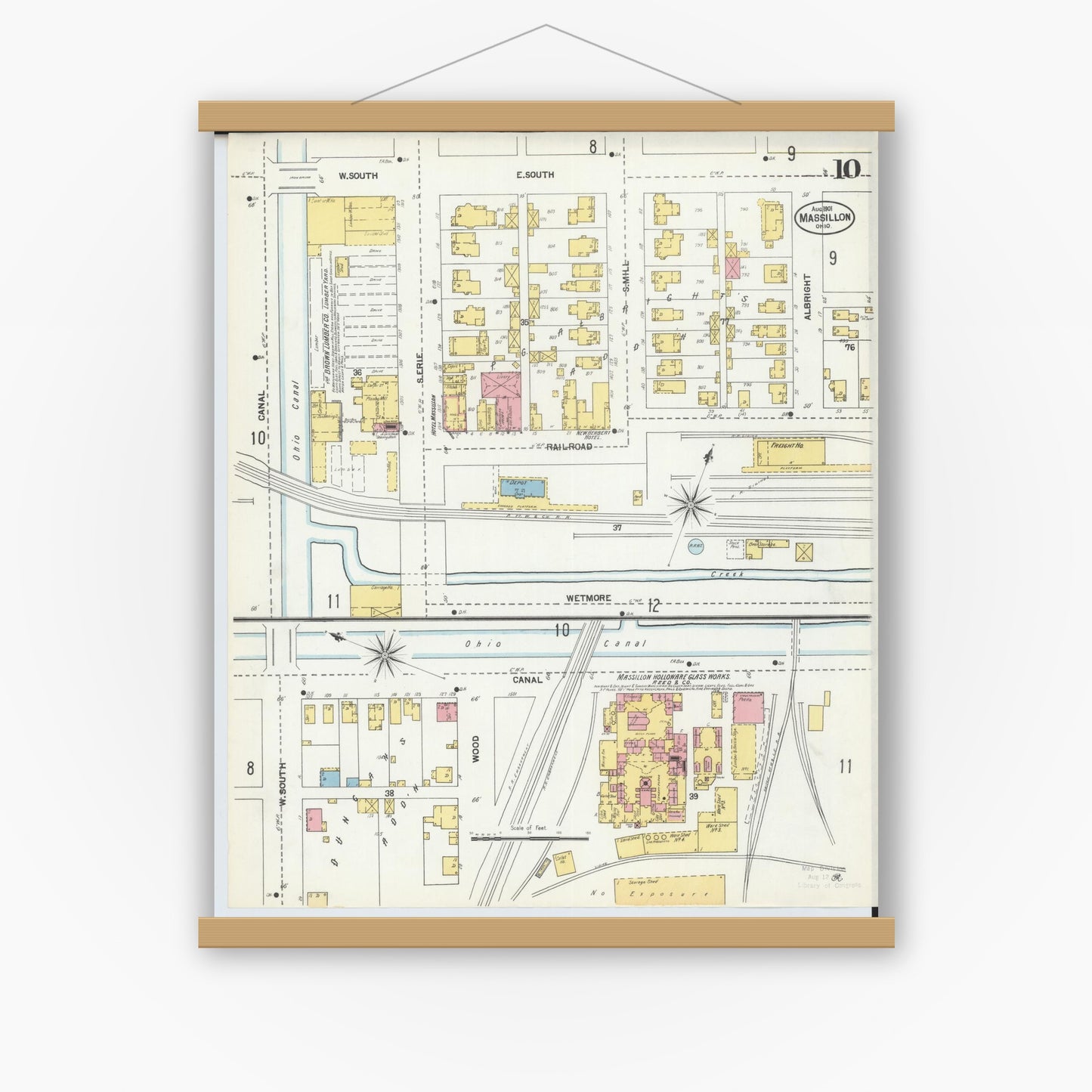 Old map wall art mockup — magnetic wood frame on white wall — Sanborn Fire Insurance Map from Massillon, Stark County, Ohio (1901), Sheet #0010