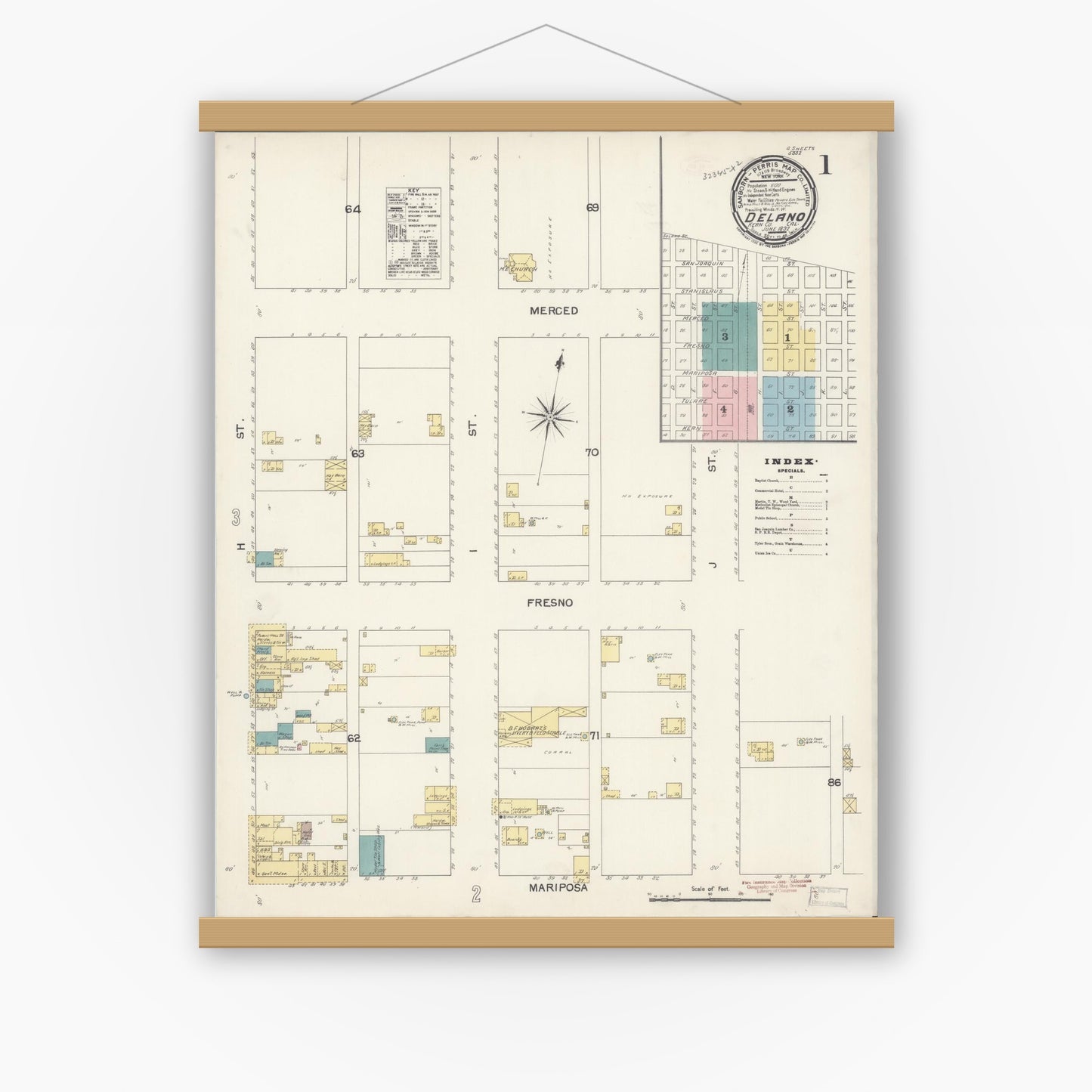 Old map wall art mockup — magnetic wood frame on white wall — Sanborn Fire Insurance Map from Delano, Kern County, California (1892) - Complete Map Set