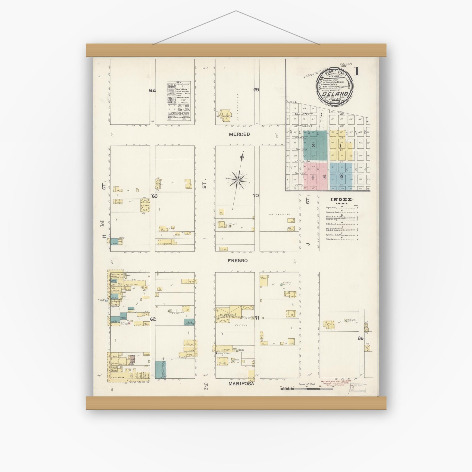 Old map wall art mockup — magnetic wood frame on white wall — Sanborn Fire Insurance Map from Delano, Kern County, California (1892) - Complete Map Set