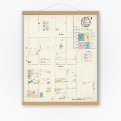 Old map wall art mockup — magnetic wood frame on white wall — Sanborn Fire Insurance Map from Delano, Kern County, California (1892) - Complete Map Set