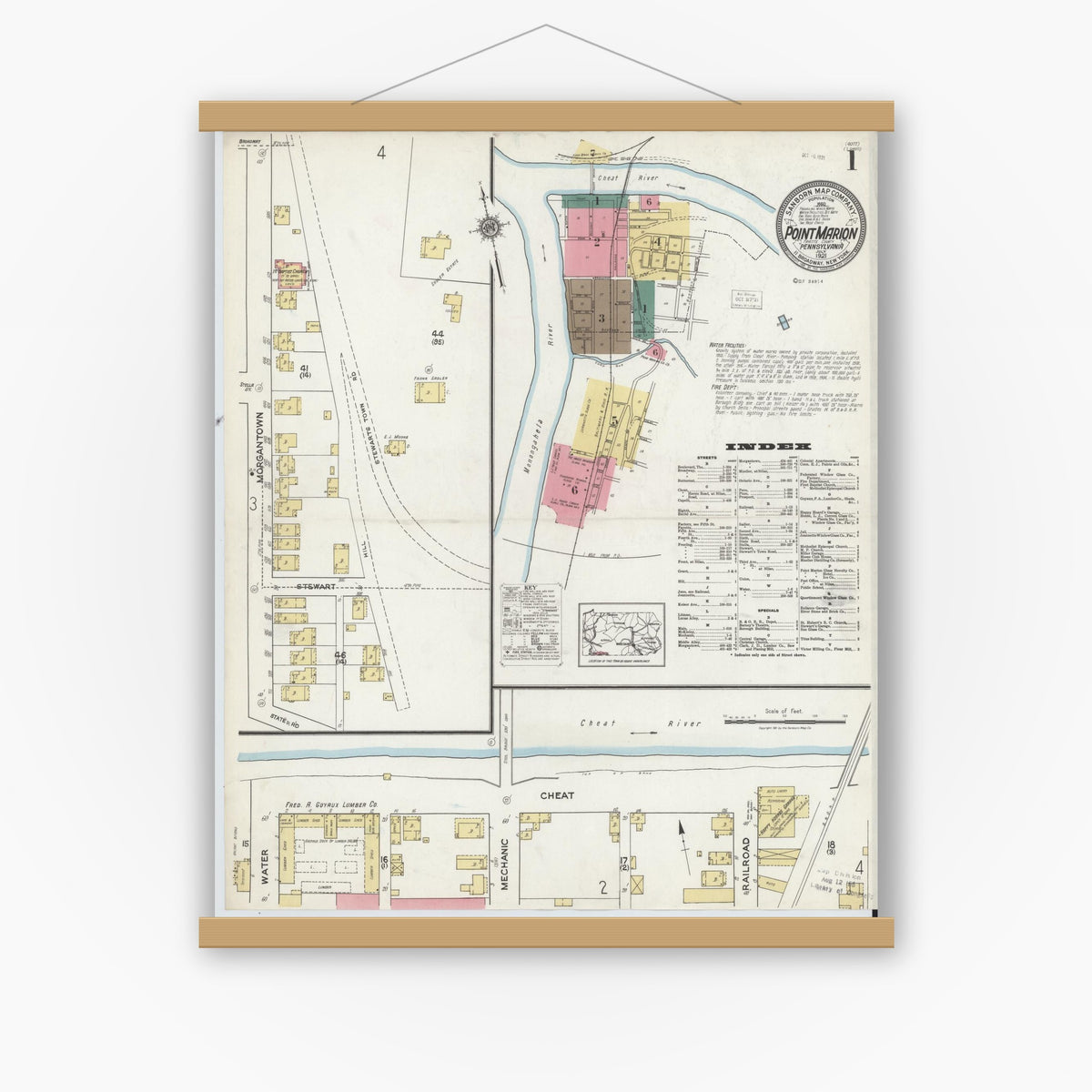 Old map wall art mockup — magnetic wood frame on white wall — Sanborn Fire Insurance Map from Point Marion, Fayette County, Pennsylvania (1921) - Complete Map Set
